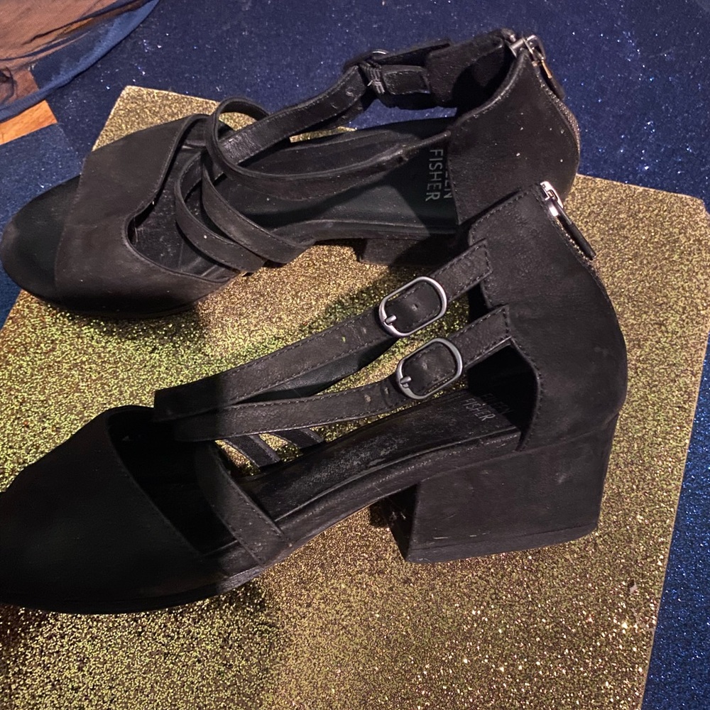 EILEEN FISHER SUEDE LEATHER STRAPPY EDGY CLASSIC BLOCK HEEL Sandals GORG - Picture 4 of 15